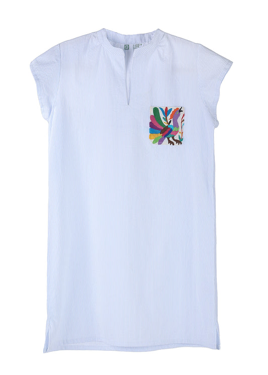 Seersucker Dress with Embroidery Blue