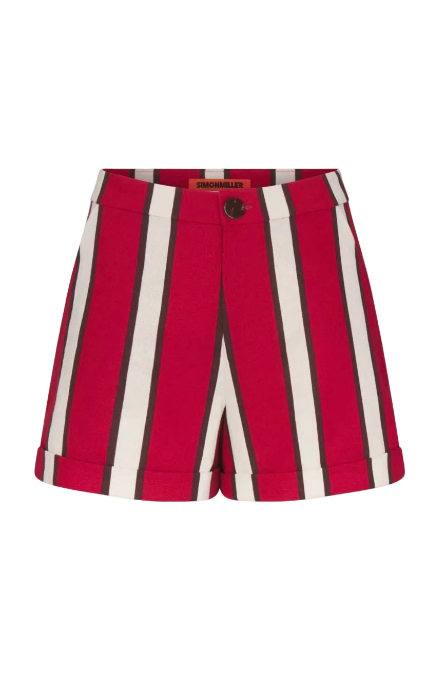 Red linen shorts with vertical white stripes and side pockets