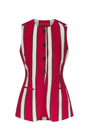 Red and cream striped linen vest with button front and sleeveless cut