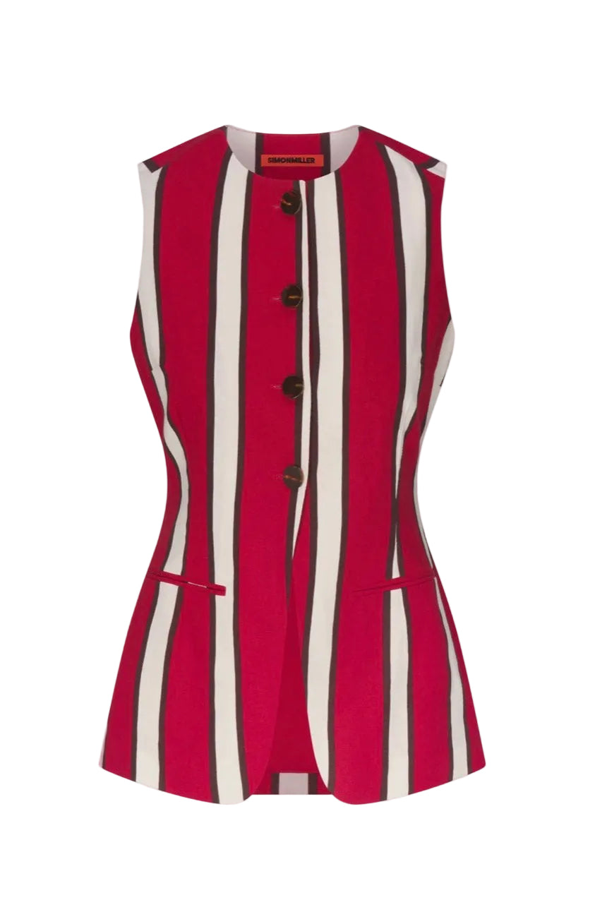 Red and cream striped linen vest with button front and sleeveless cut