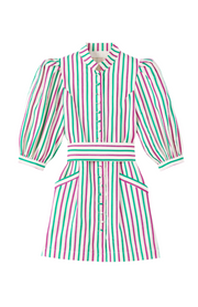 Destree striped mini dress with puff sleeves, button front, and cinched waist belt.