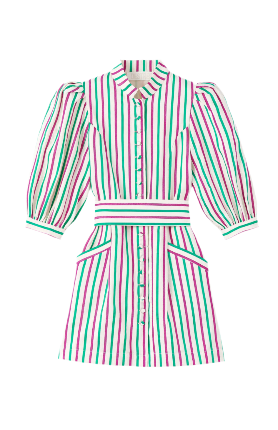 Striped puff-sleeve dress with button front and waist band, green and magenta
