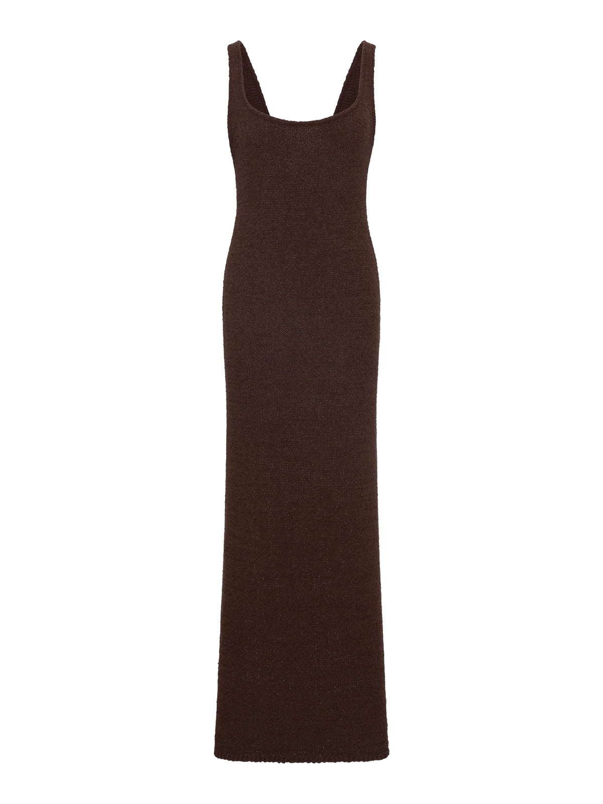 Dark brown sleeveless maxi dress with square neckline and fitted body
