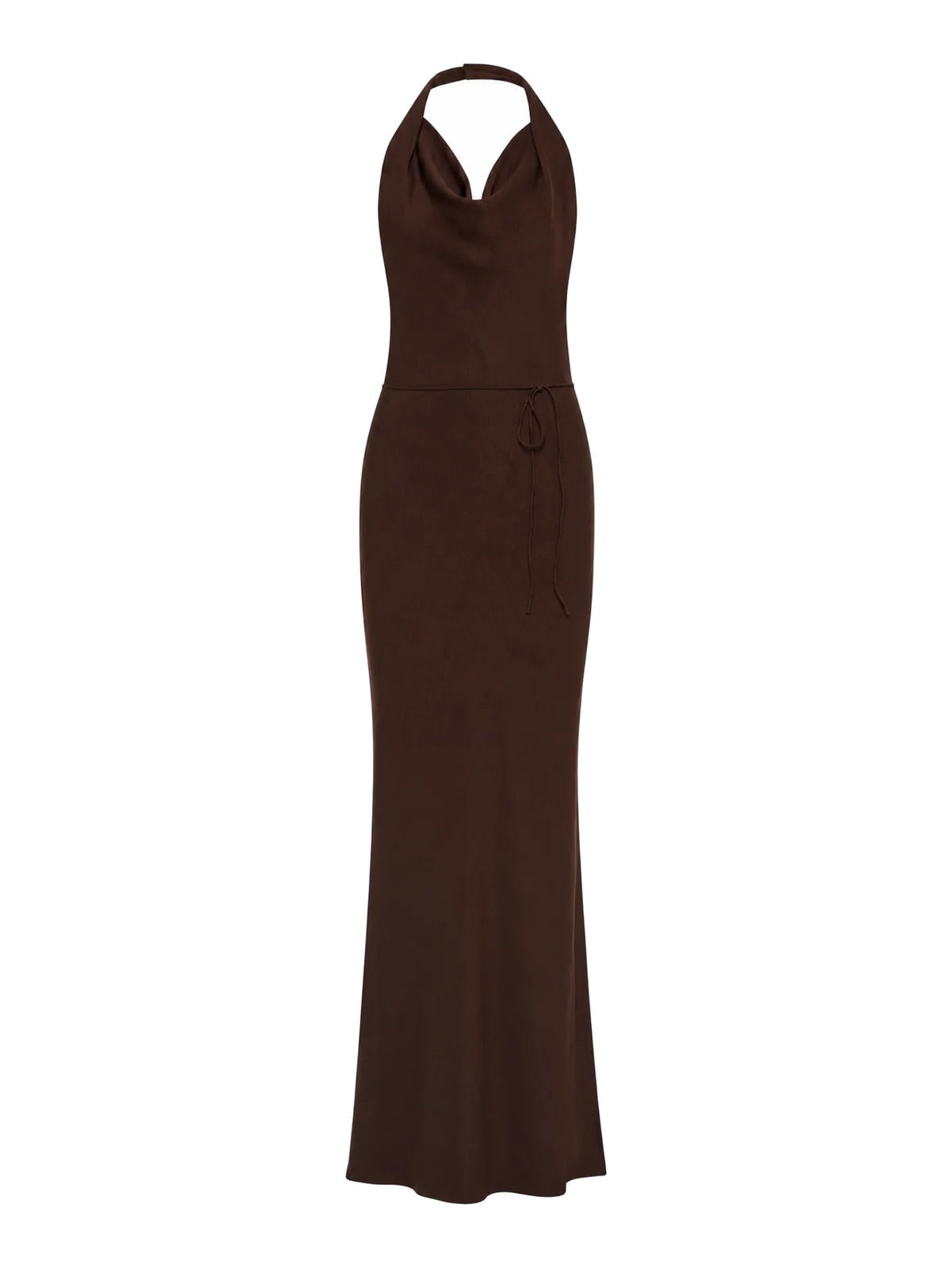 Chocolate halter maxi dress, sleeveless fitted silhouette with long skirt