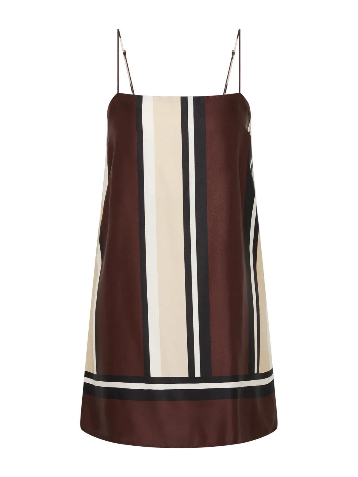 Faithfull Phylis mini dress with thin straps, vertical stripe panel in brown, cream, and black