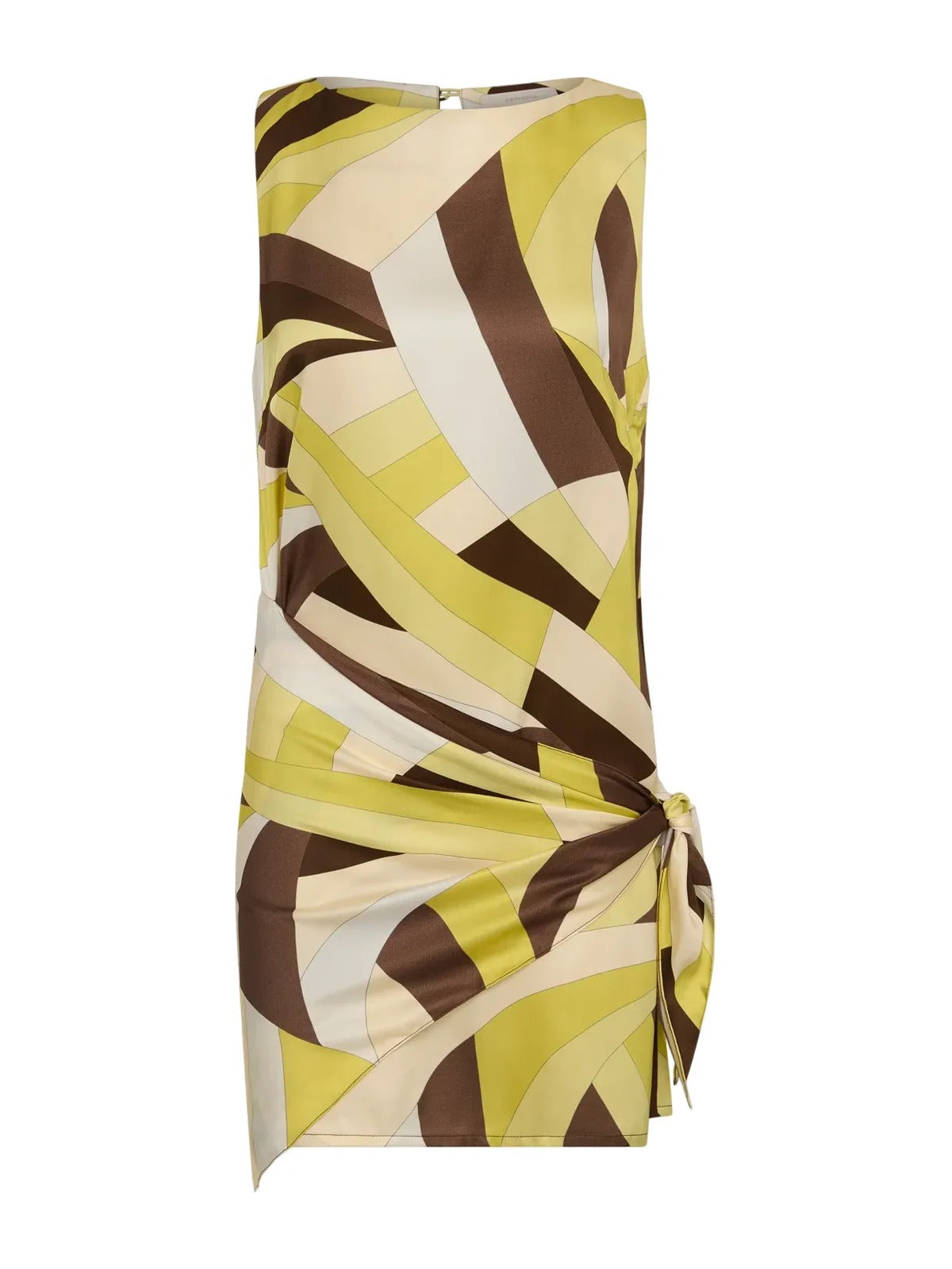 Geometric print mini dress with draped side tie, sleeveless bodice