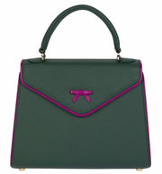 Hayden Lasher Finn Belgian bag in hunter green with purple trim, top handles, front bow