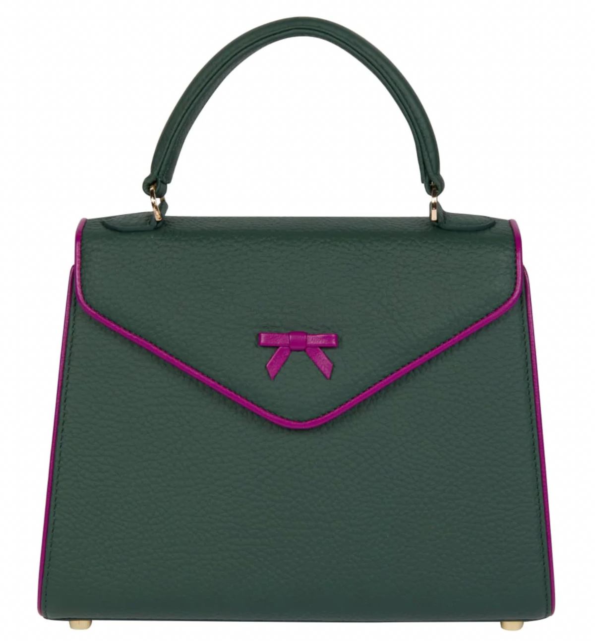 Hunter green Belgian handbag with magenta trim, top handles, and bow front clasp