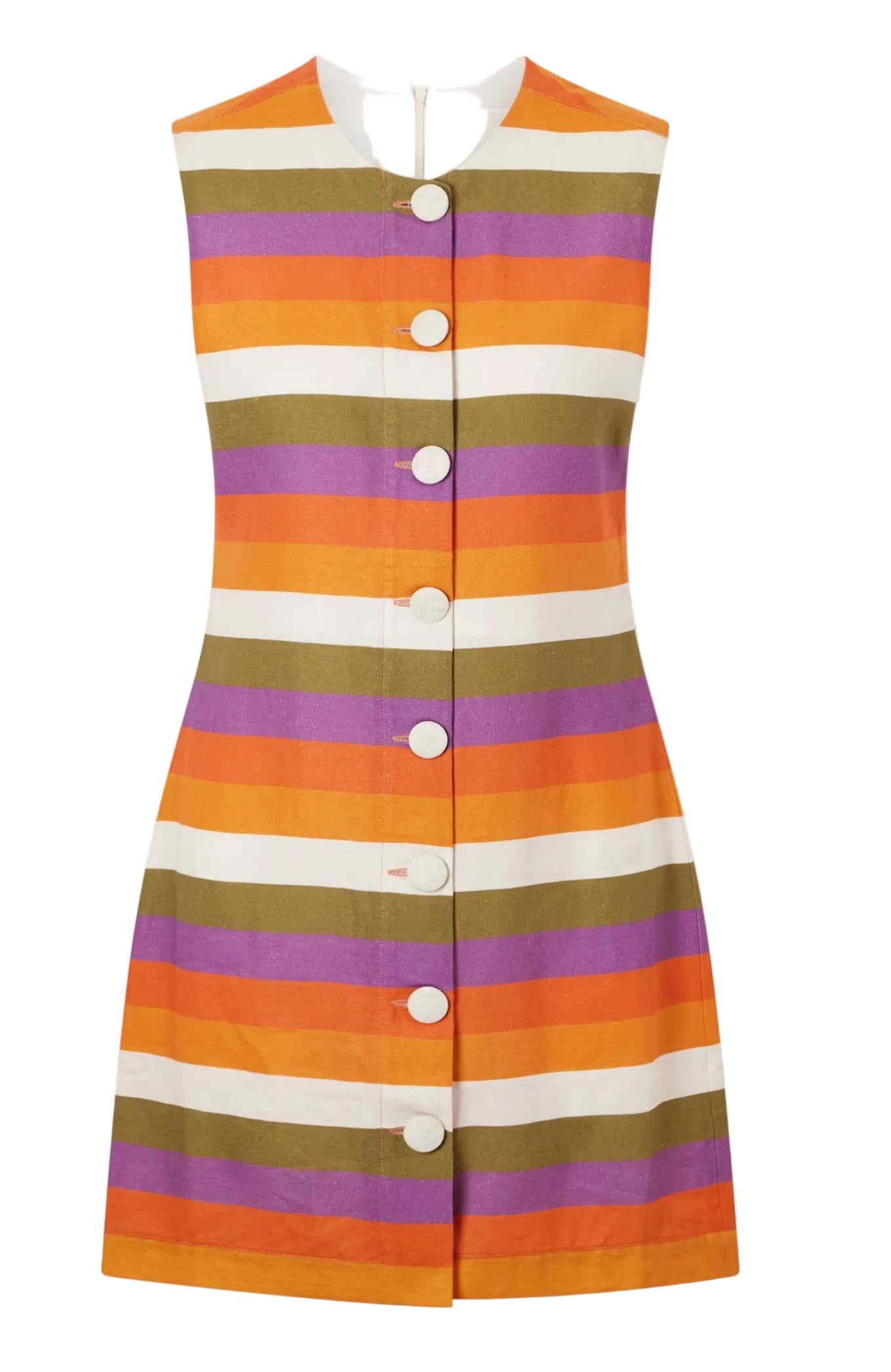 Sleeveless short dress with horizontal orange, purple, and olive stripes and front buttons