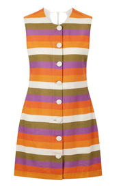 Camille striped linen mini dress, button-front sleeveless, orange/purple/white horizontal stripes.