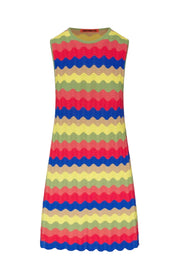 Mini knit dress with wavy multicolor stripes, sleeveless crew neck