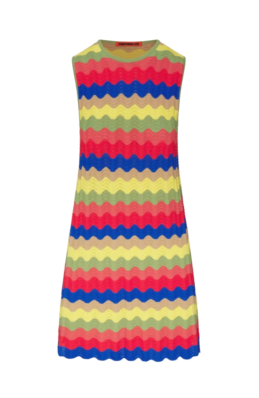 Mini knit dress with wavy multicolor stripes, sleeveless crew neck
