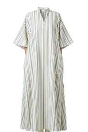 Striped button-front dress with short sleeves and collared neckline, yellow/grey vertical