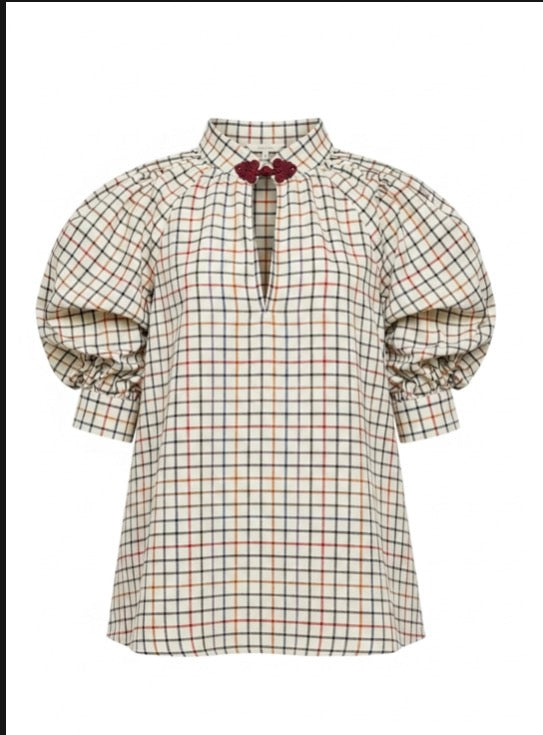 Cream tattersall check shirt with red and green grid, button front, bow neckline
