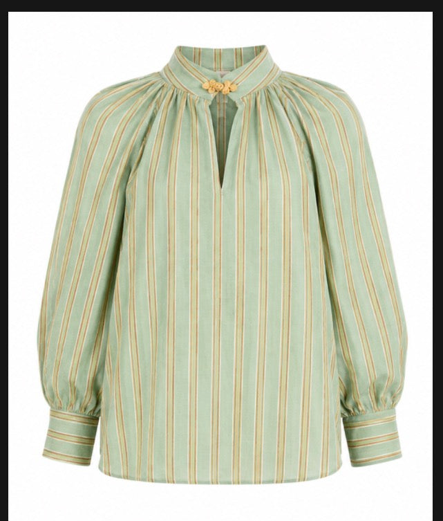 Light green striped blouse with gathered high neckline and long puff sleeves