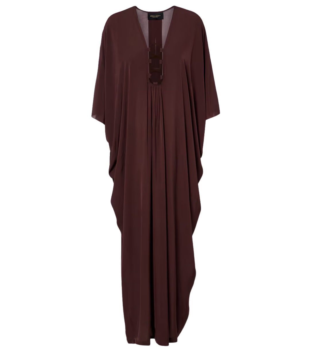 Geometric long kaftan in dark maroon with gathered neckline and slit cuffs