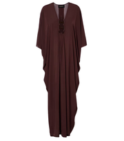 Long kaftan dress in dark brown with V neckline and geometric front trim
