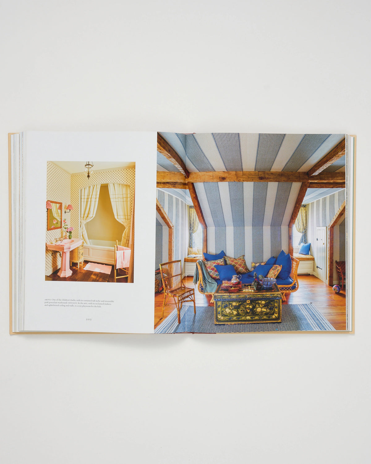 Architecture book open spread with interior photos of bedroom and blue living room