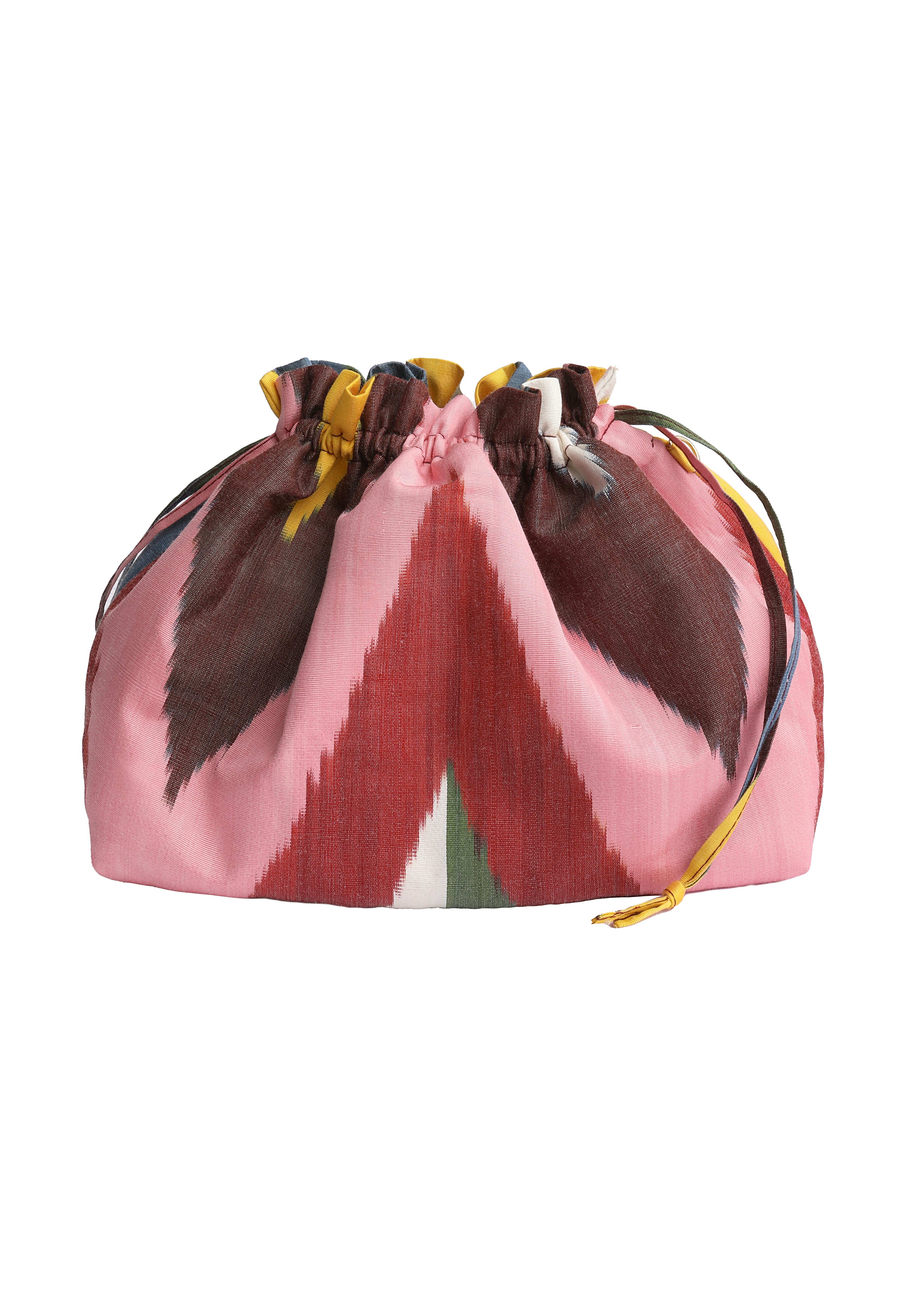 Silk ikat party purse with multicolor pattern, gathered drawstring top and gold cord