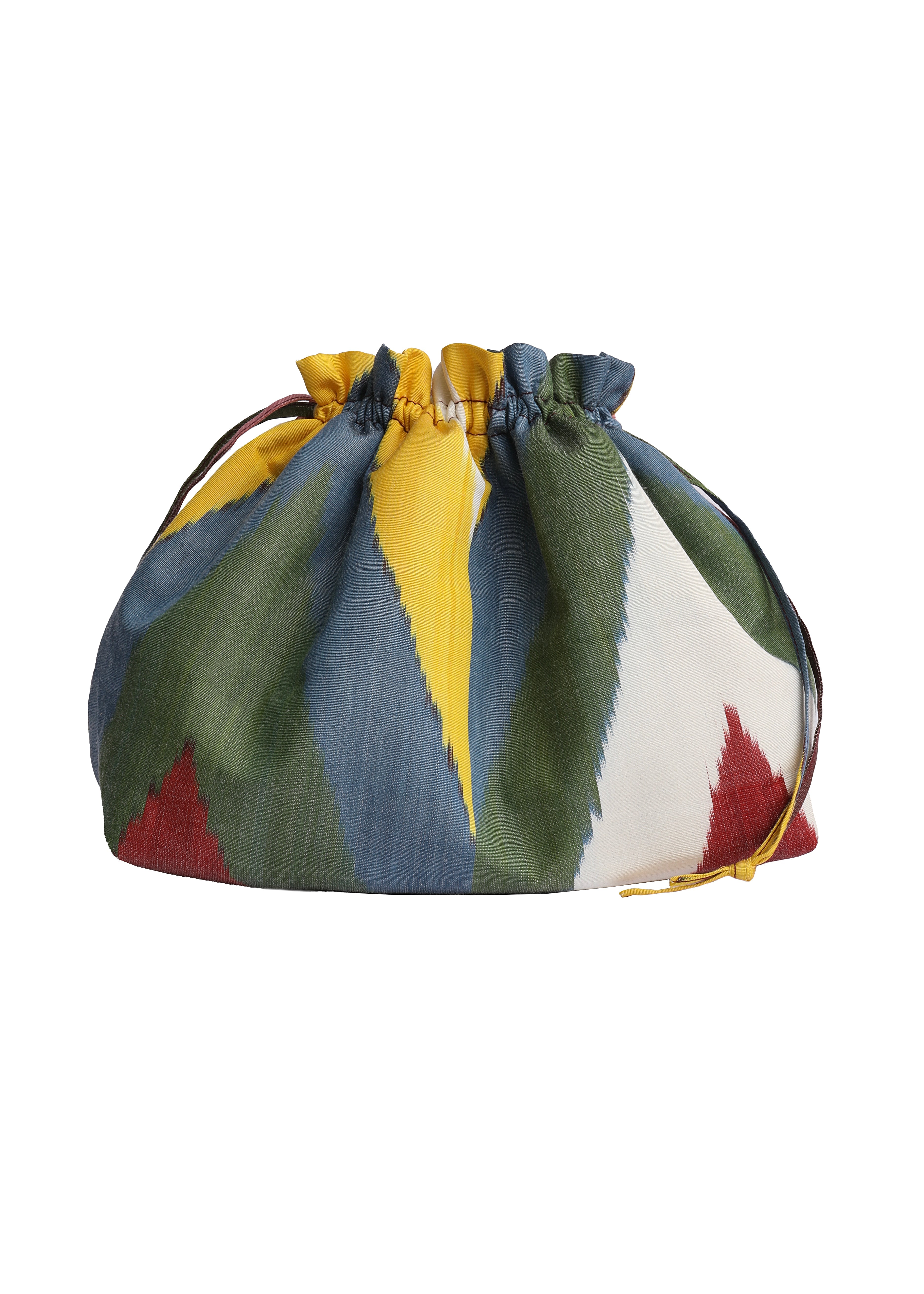 Silk ikat party purse, multicolor ikat print with gathered drawstring and gold trim