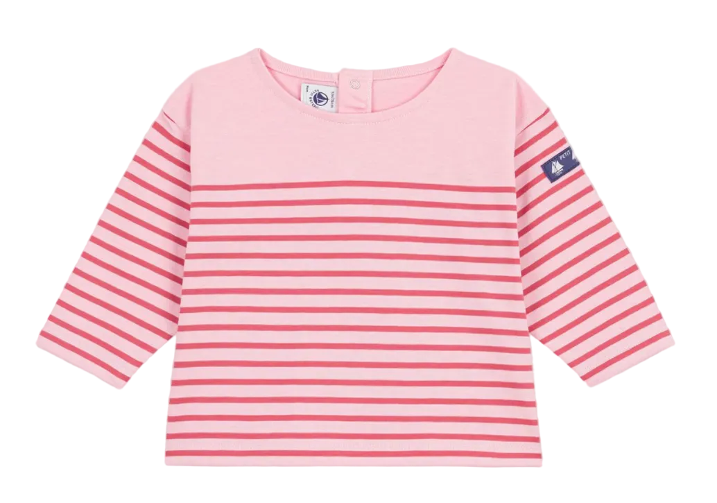 Pink long-sleeve striped shirt with crew neck and cuffed sleeves