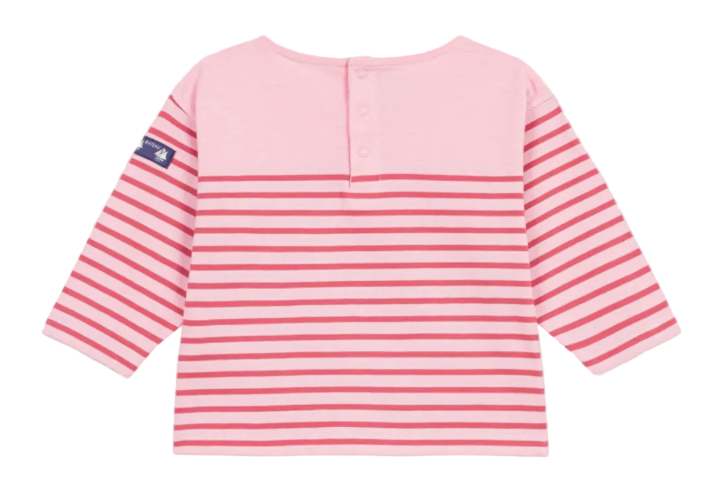 Pink long-sleeve striped henley top with button placket, wide sailor stripes