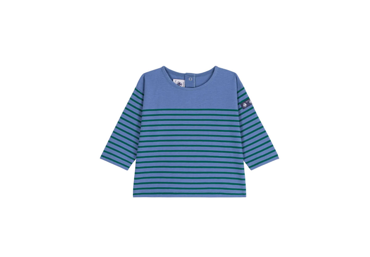 Blue crew-neck long-sleeve Breton top with green striped bands and buttons