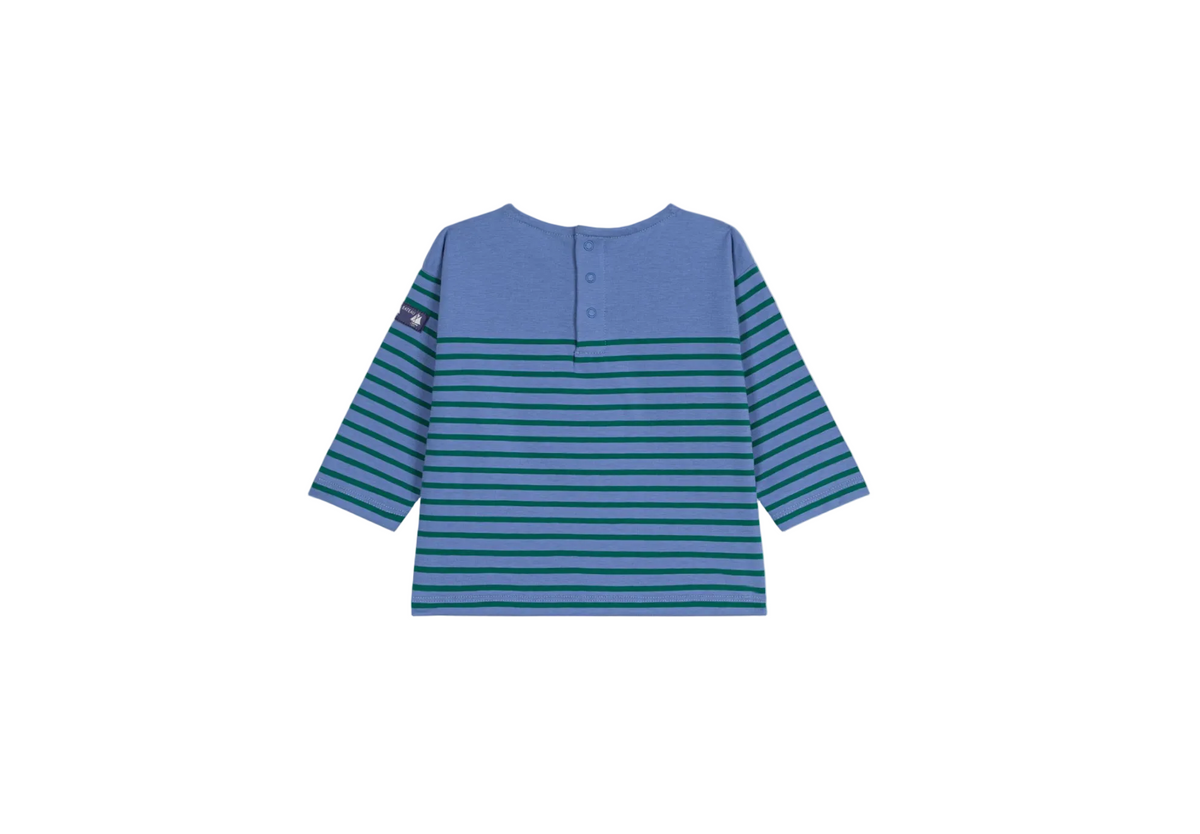 Blue and green striped long-sleeve Breton shirt with button placket