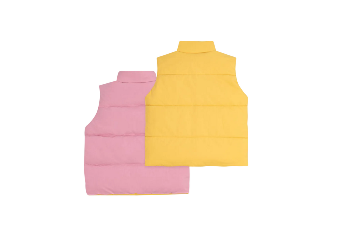 Kids reversible puffer vest set with pink and yellow sides