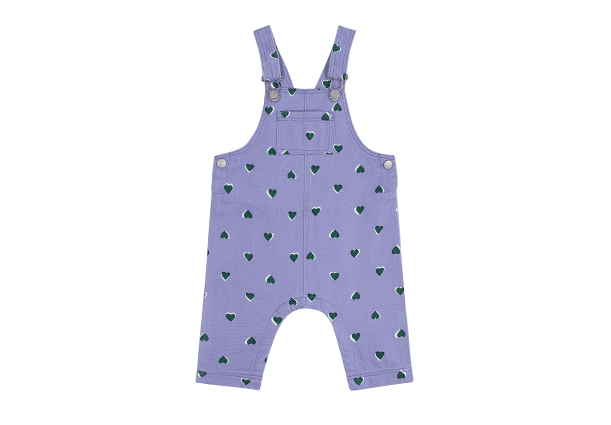 Lavender heart-print suspender overall with front bib and full legs