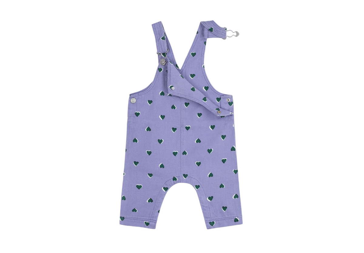 Lavender heart-print sleeveless overall with adjustable button straps