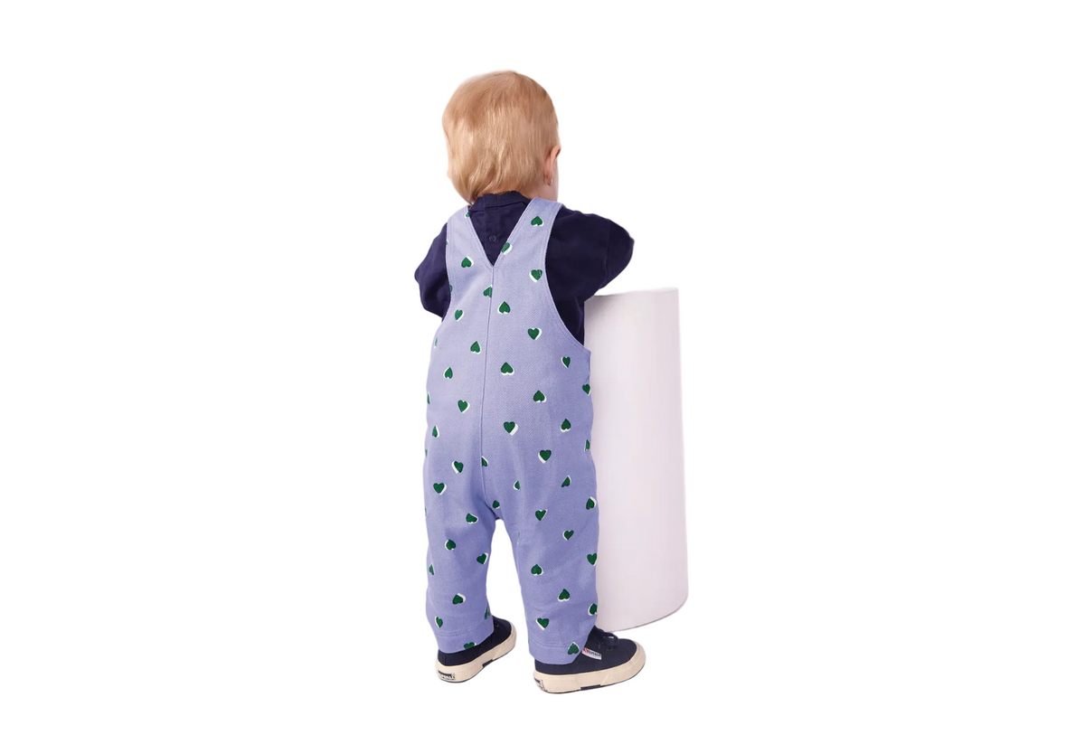 Purple heart-print overalls with button straps and full legs