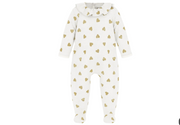 White baby footie with long sleeves and gold heart print