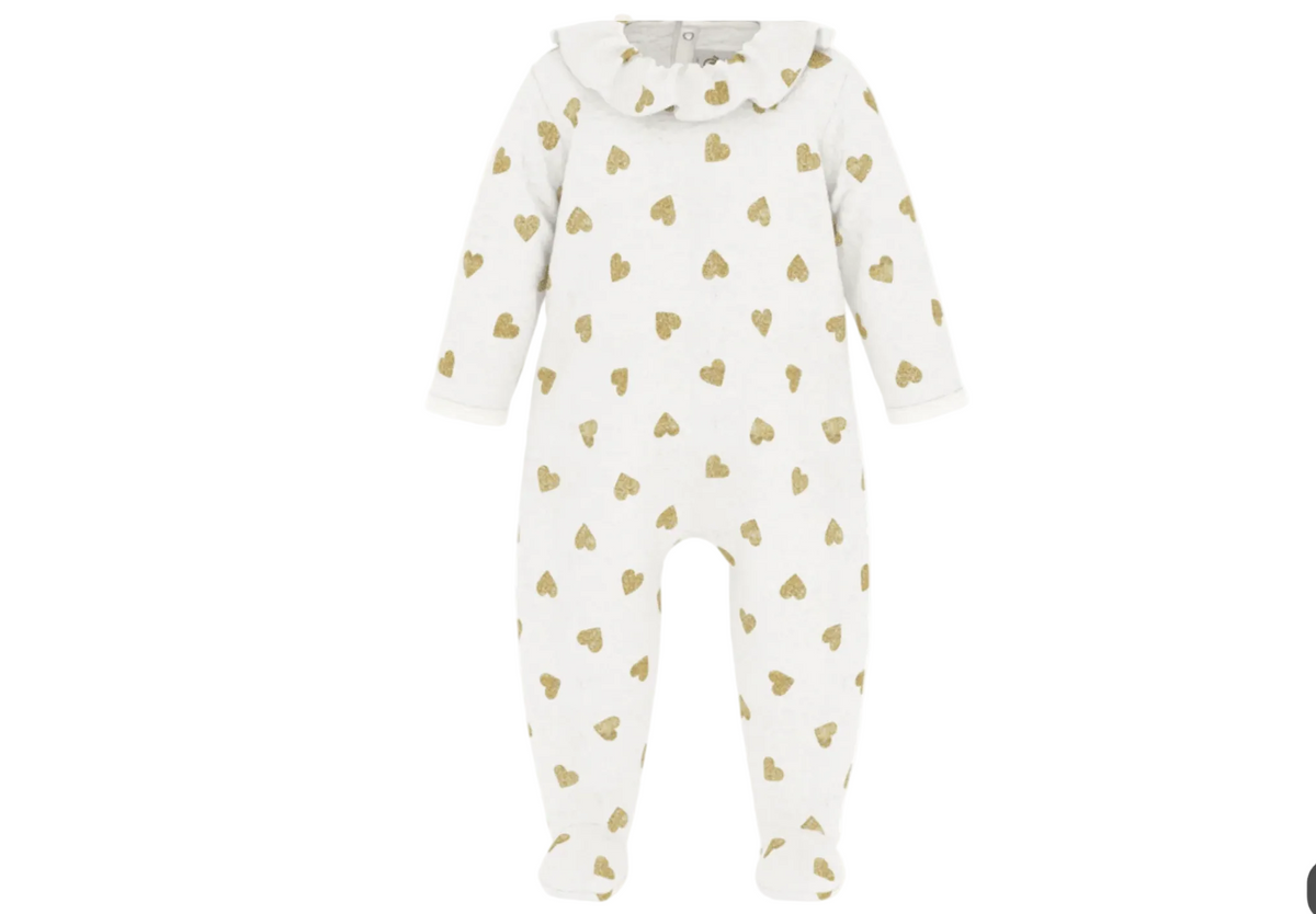 White baby footie with long sleeves and gold heart print