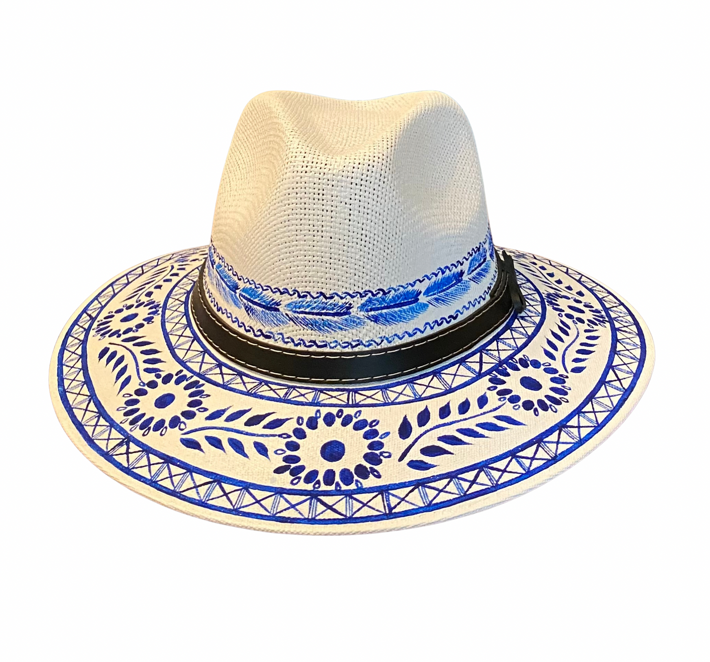 Hand-painted Hat from Mexico - Floral - White, Navy