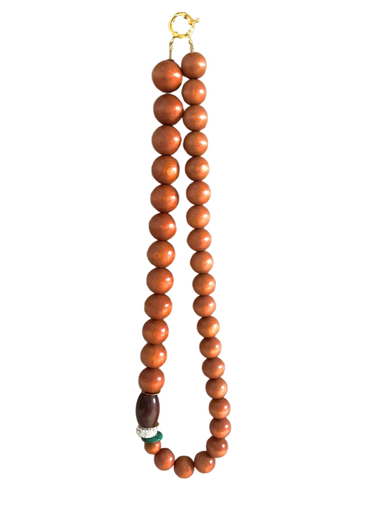 Long Wooden Bead Necklace with Malachite