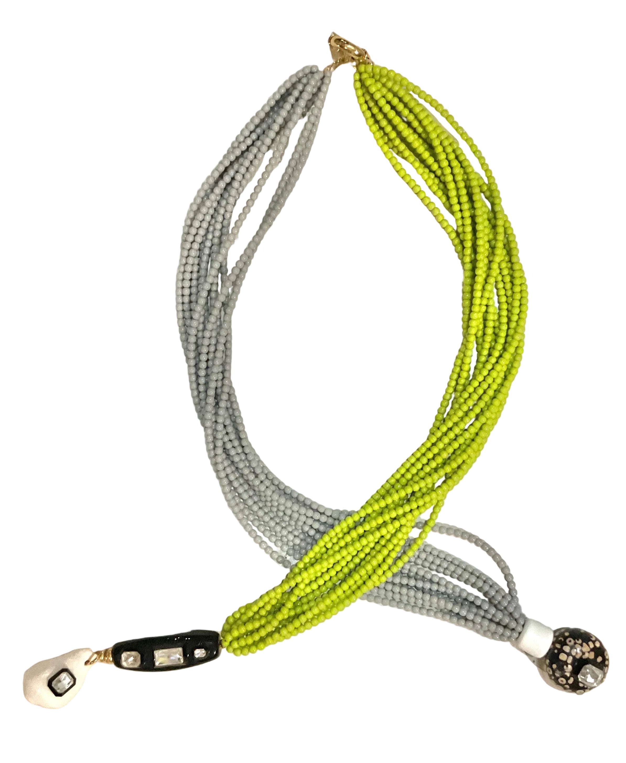 Wrap necklace with gray and lime green bead strands, black clasp, shell charm at end