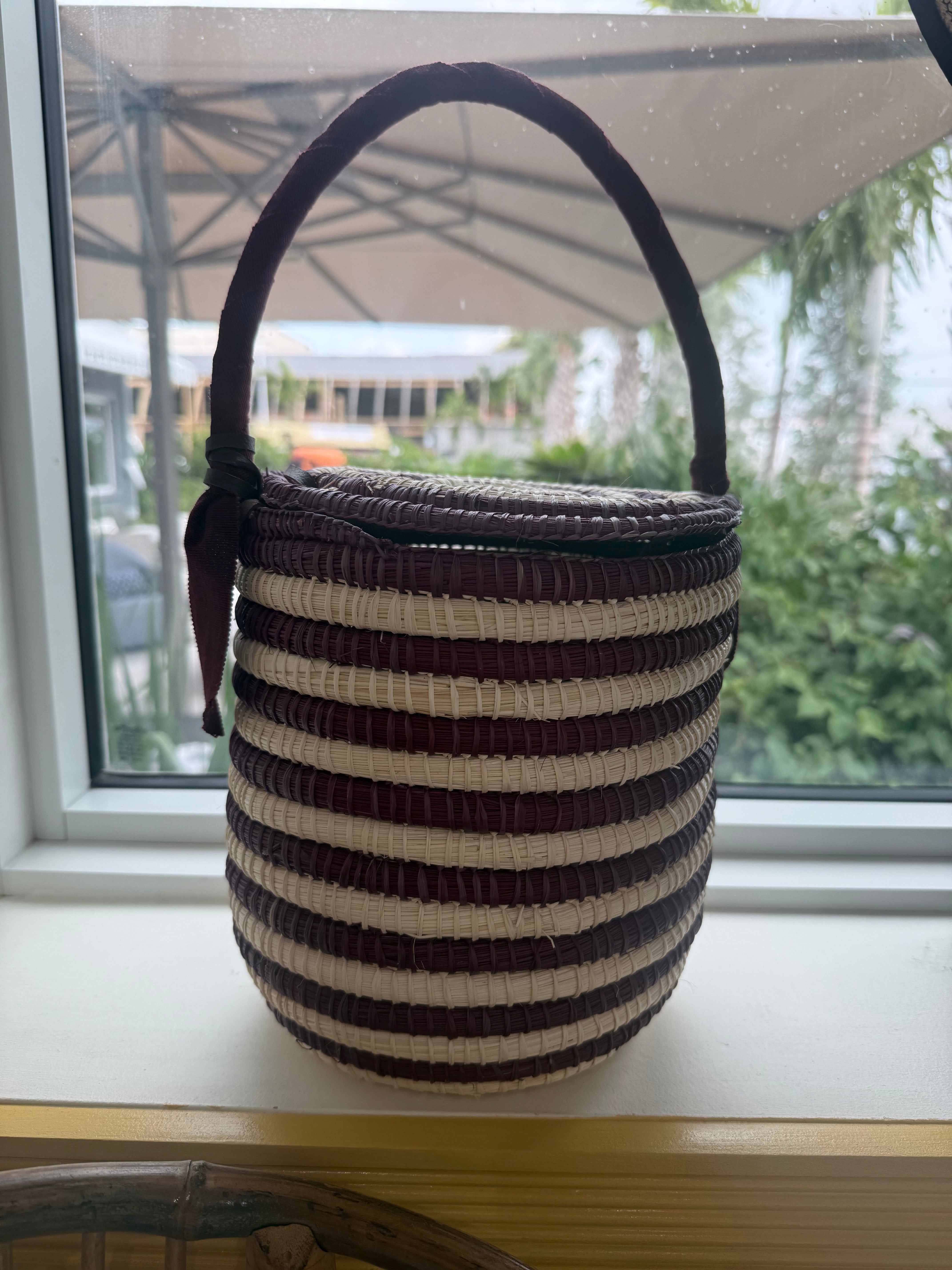 Burgundy Striped Picnic Bucket Bag