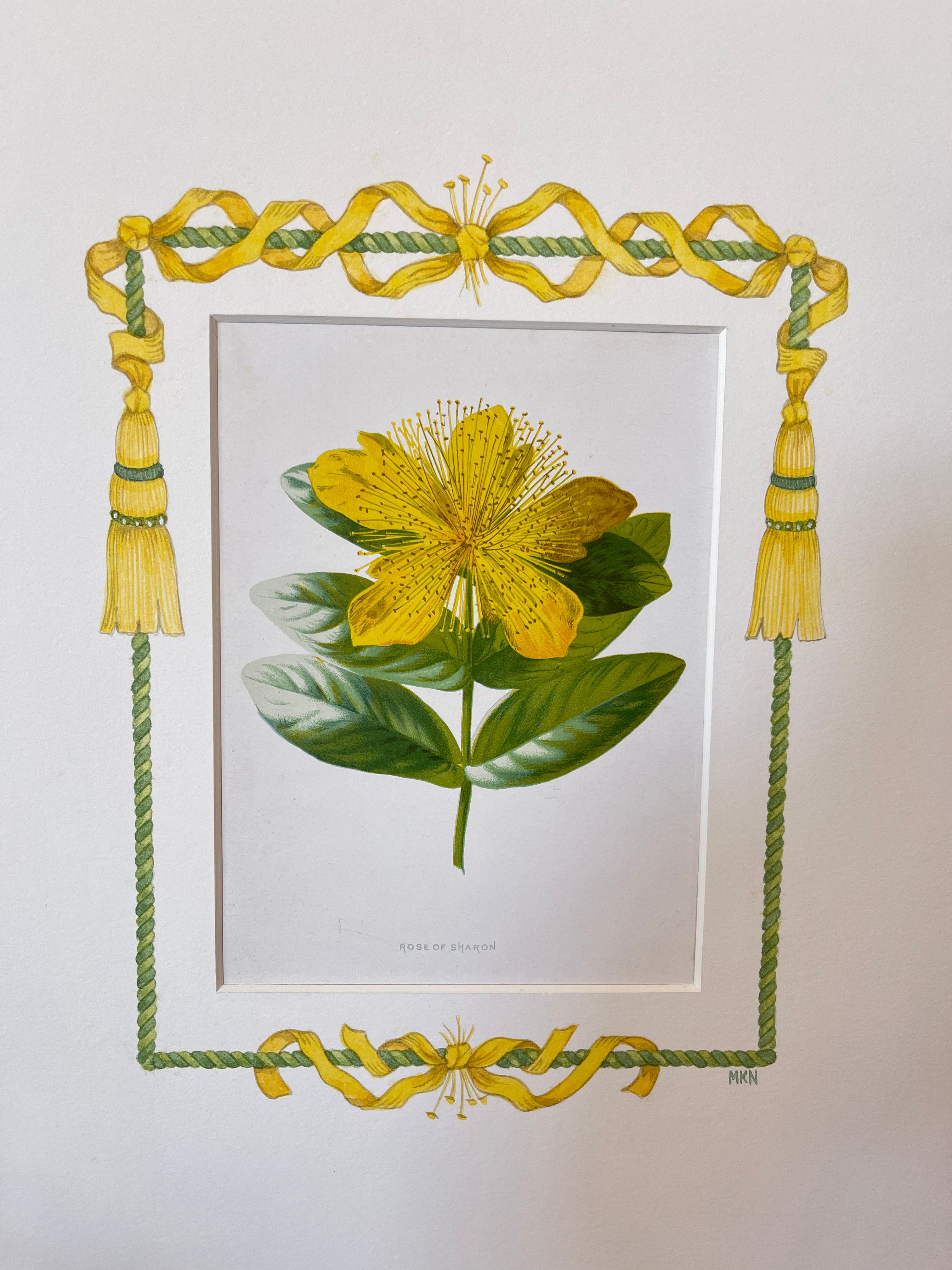 Botanical art print with yellow flower and green leaves, framed in twisted rope border