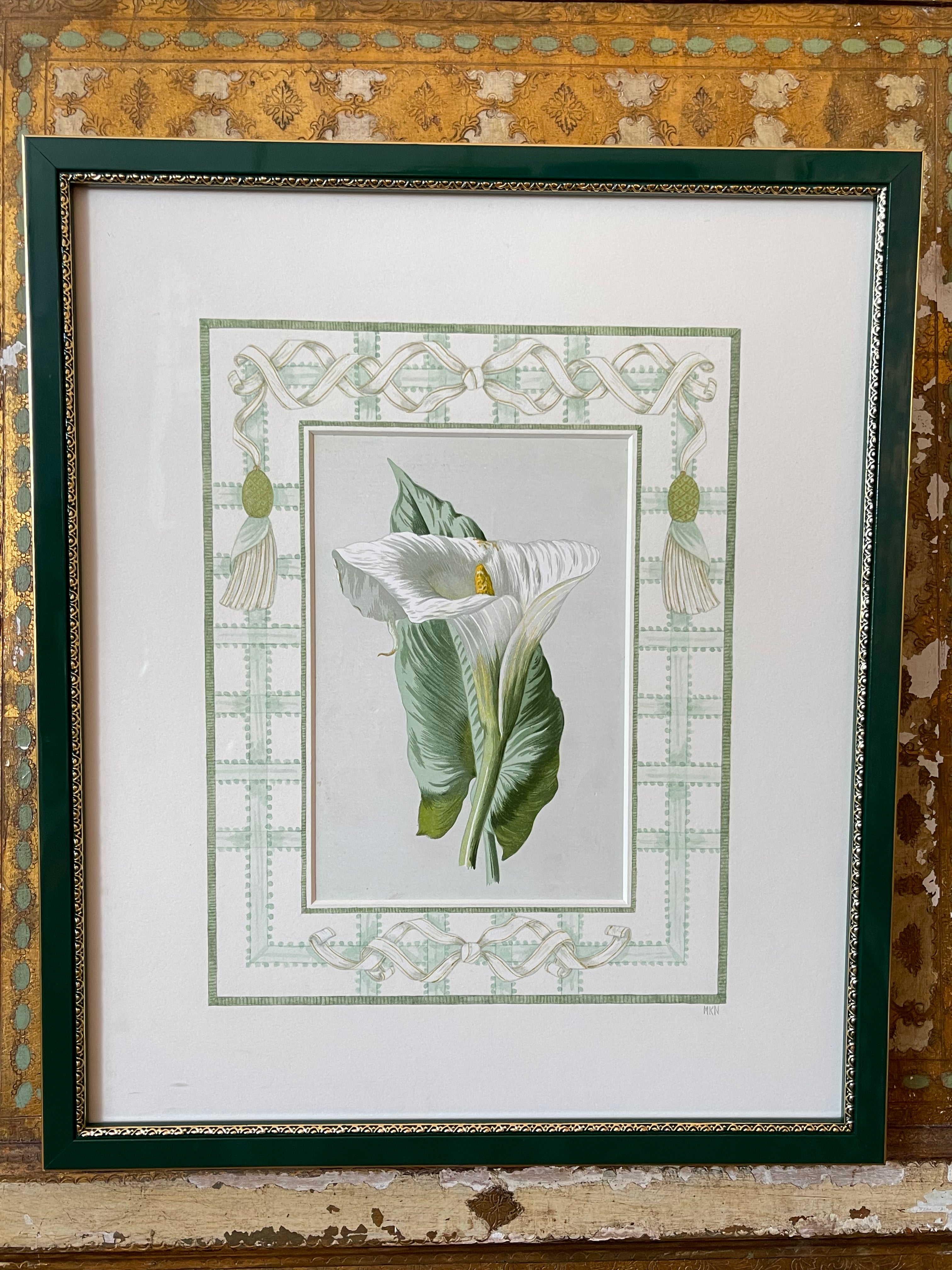 Calla lily framed botanical print in green-and-white artwork with decorative border