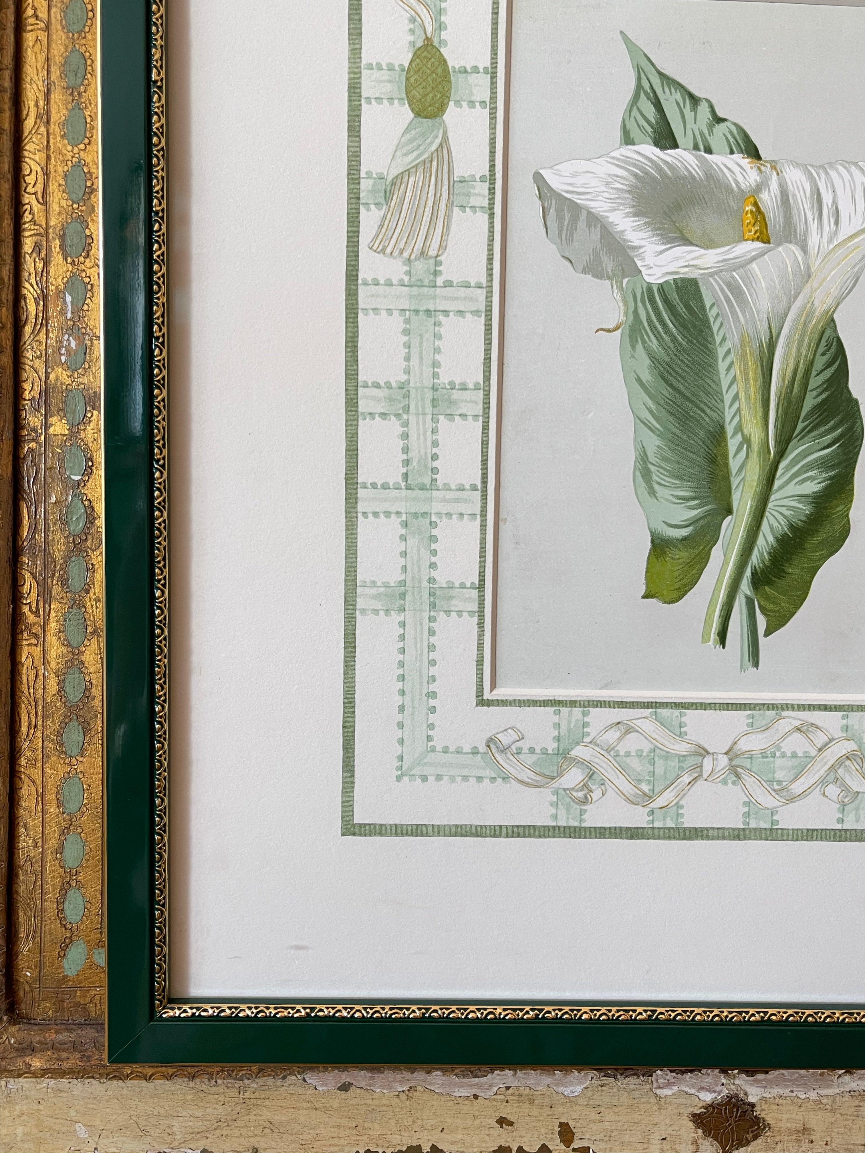 Framed botanical calla lily print, close view of white blossom and green leaf