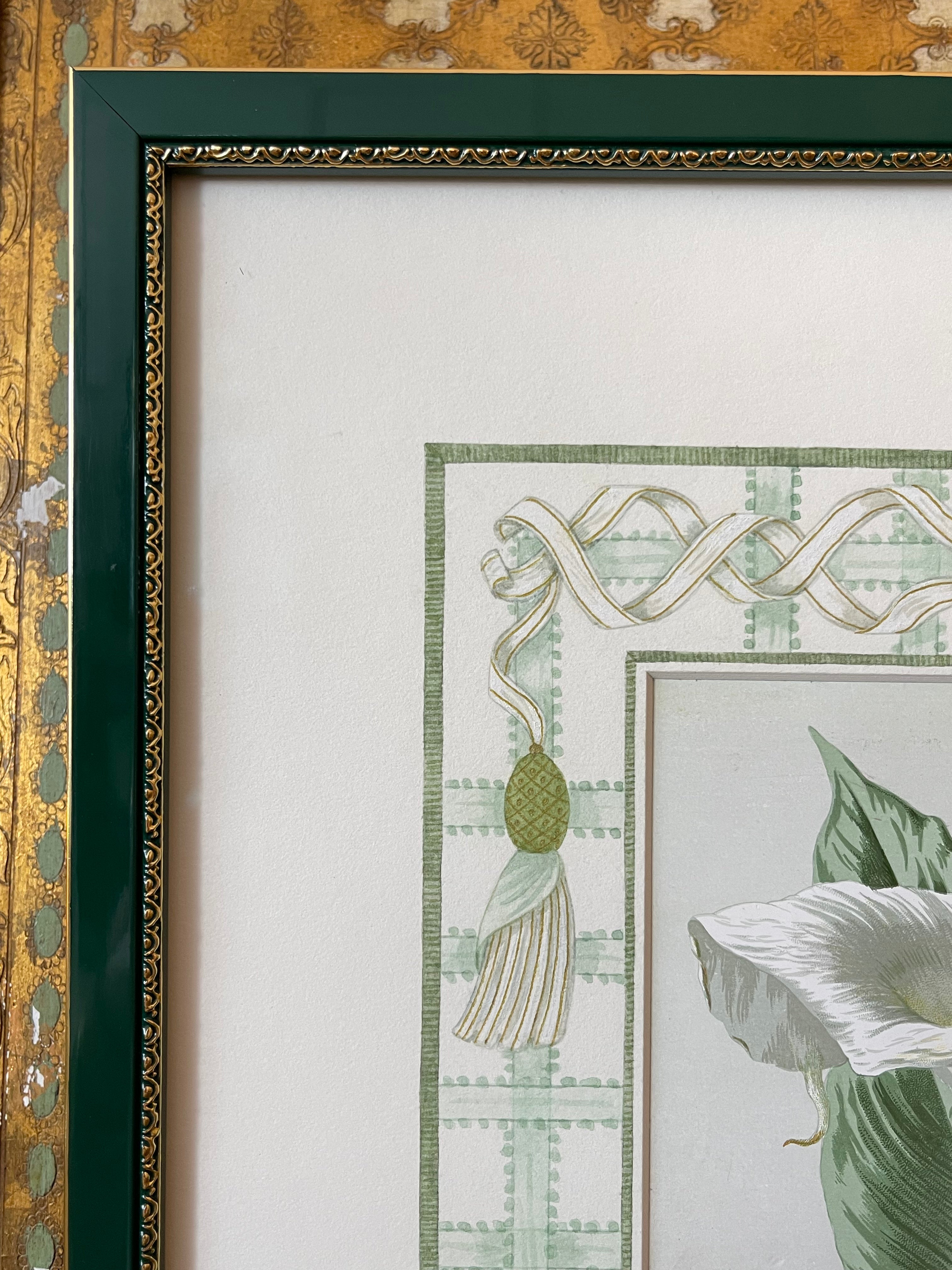 Framed calla lily botanical print, close view of green decorative border and frame