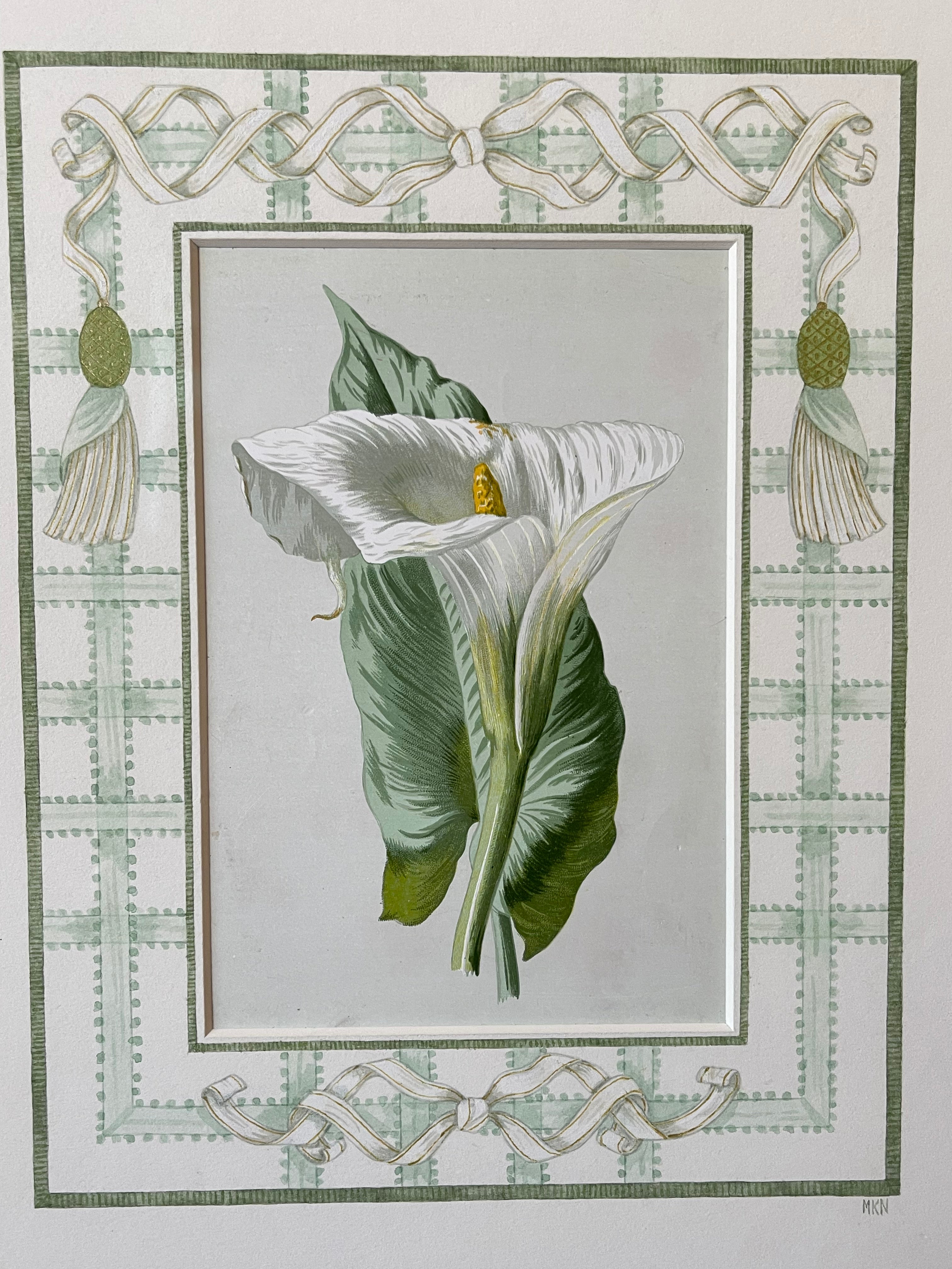 Framed calla lily botanical print with green tassel motifs and centered lily illustration