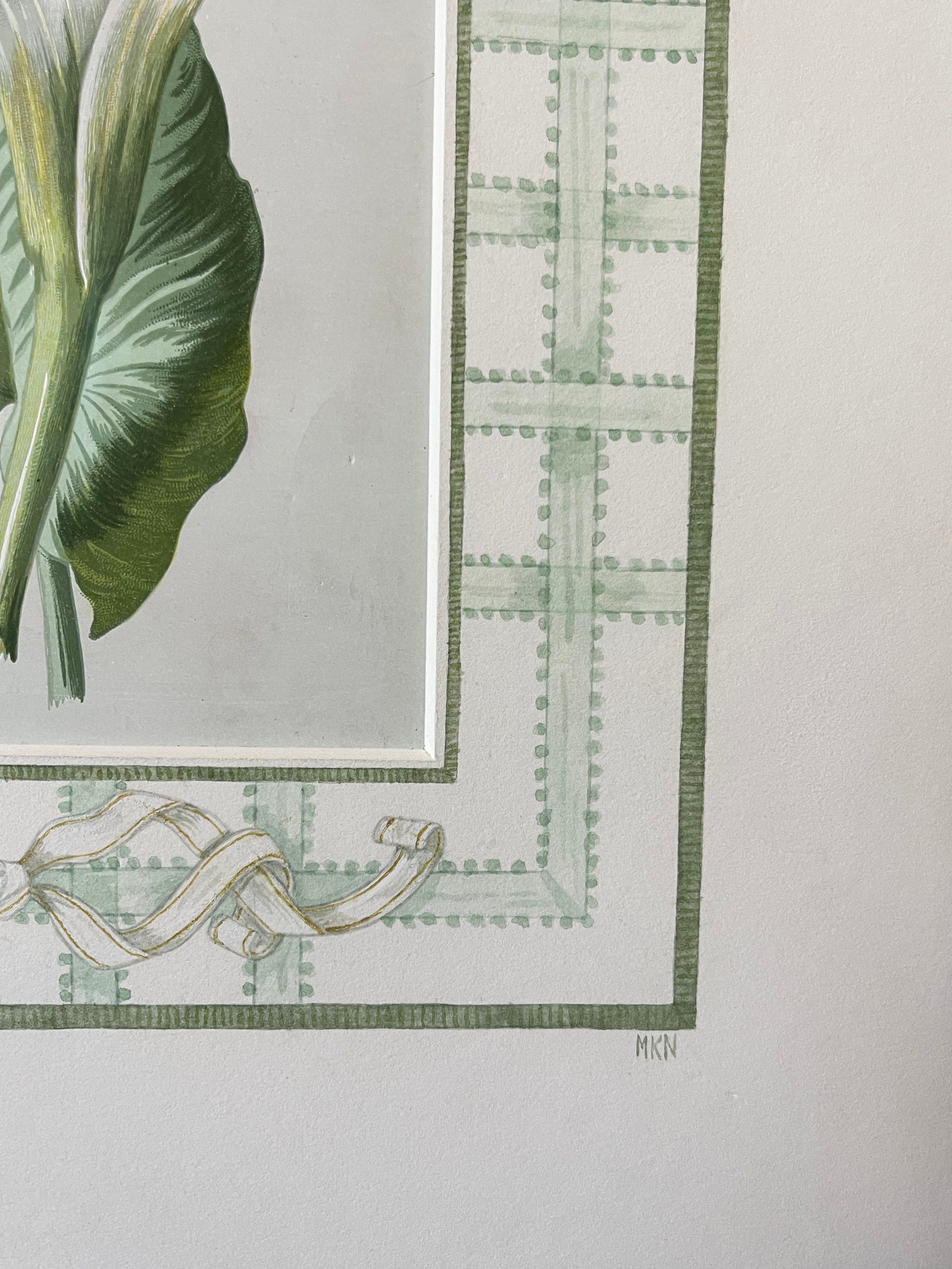 Framed calla lily botanical print detail showing decorative ribbon border and green mat