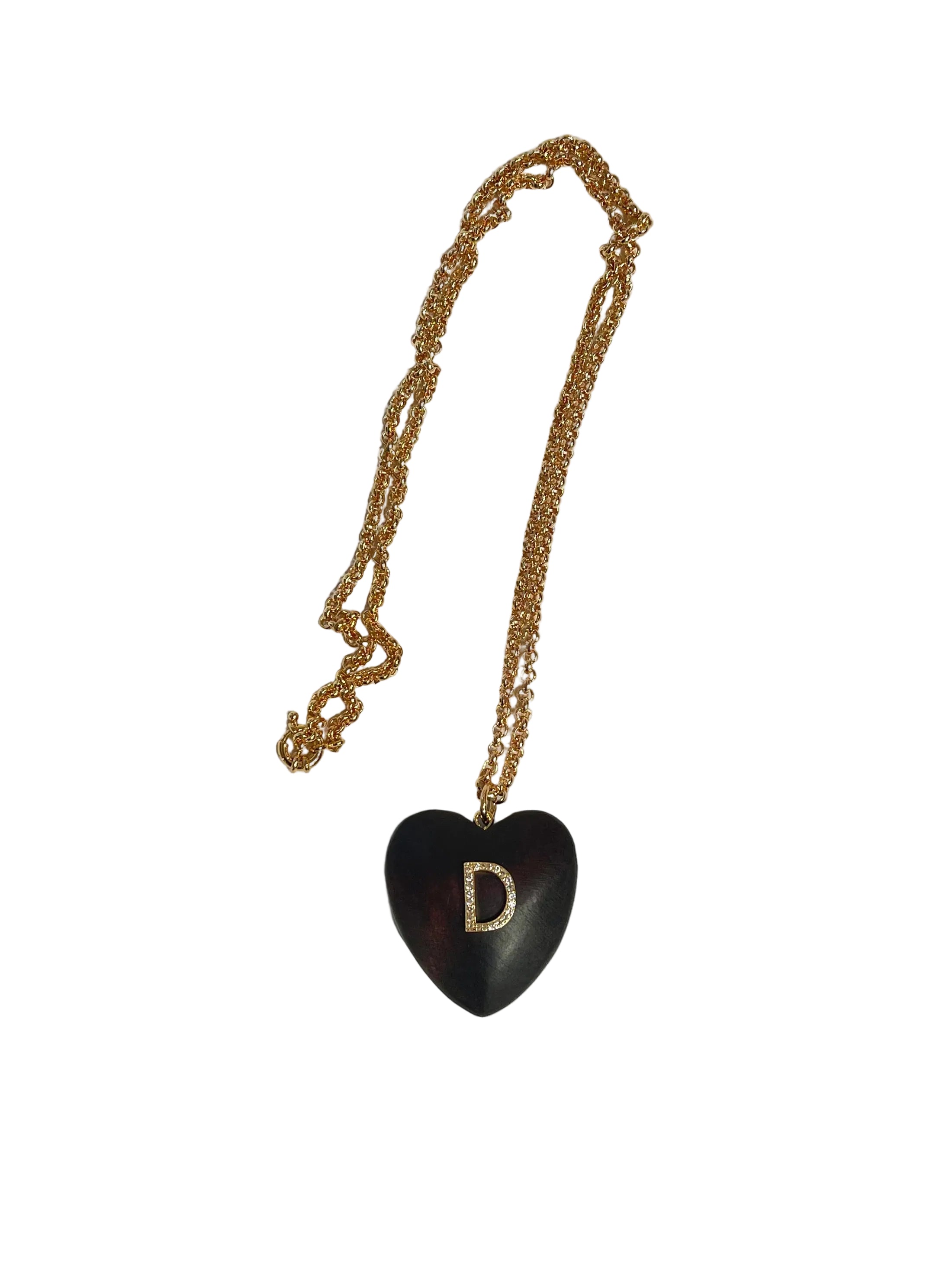 Gold chain heart necklace with initial D in gold on a black heart charm