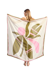 Balearic panneau sarong with abstract floral print, cream with pink and olive