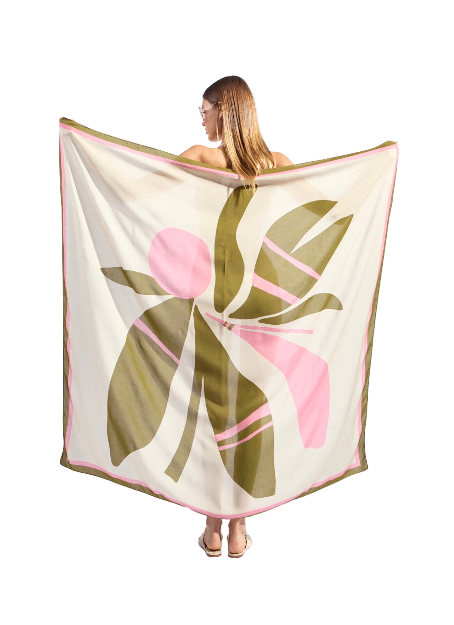 Balearic panneau sarong with abstract floral print, cream with pink and olive