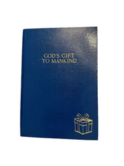 Blue notebook cover with gold text and gift icon