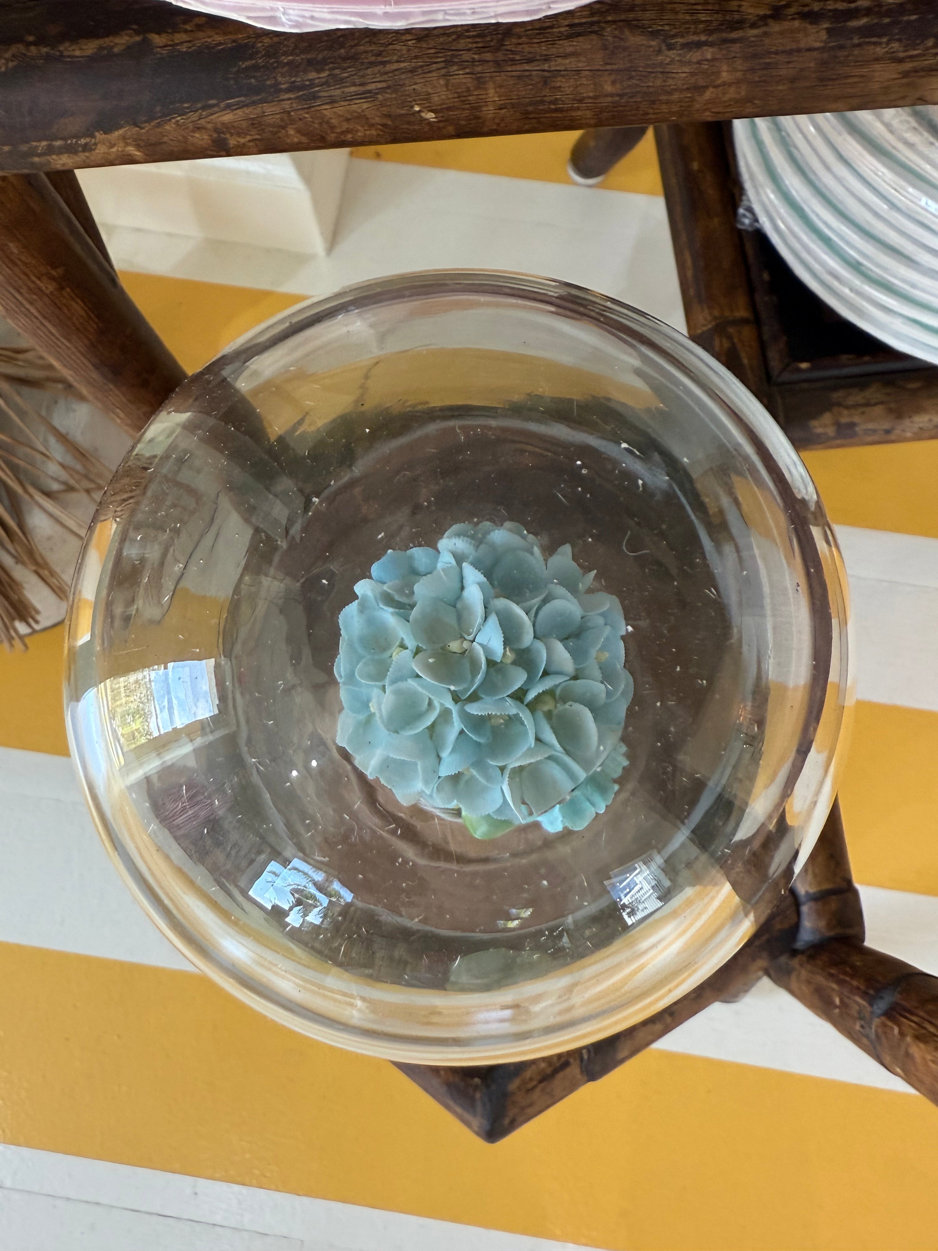 Top view of glass cloche with light blue hydrangea inside