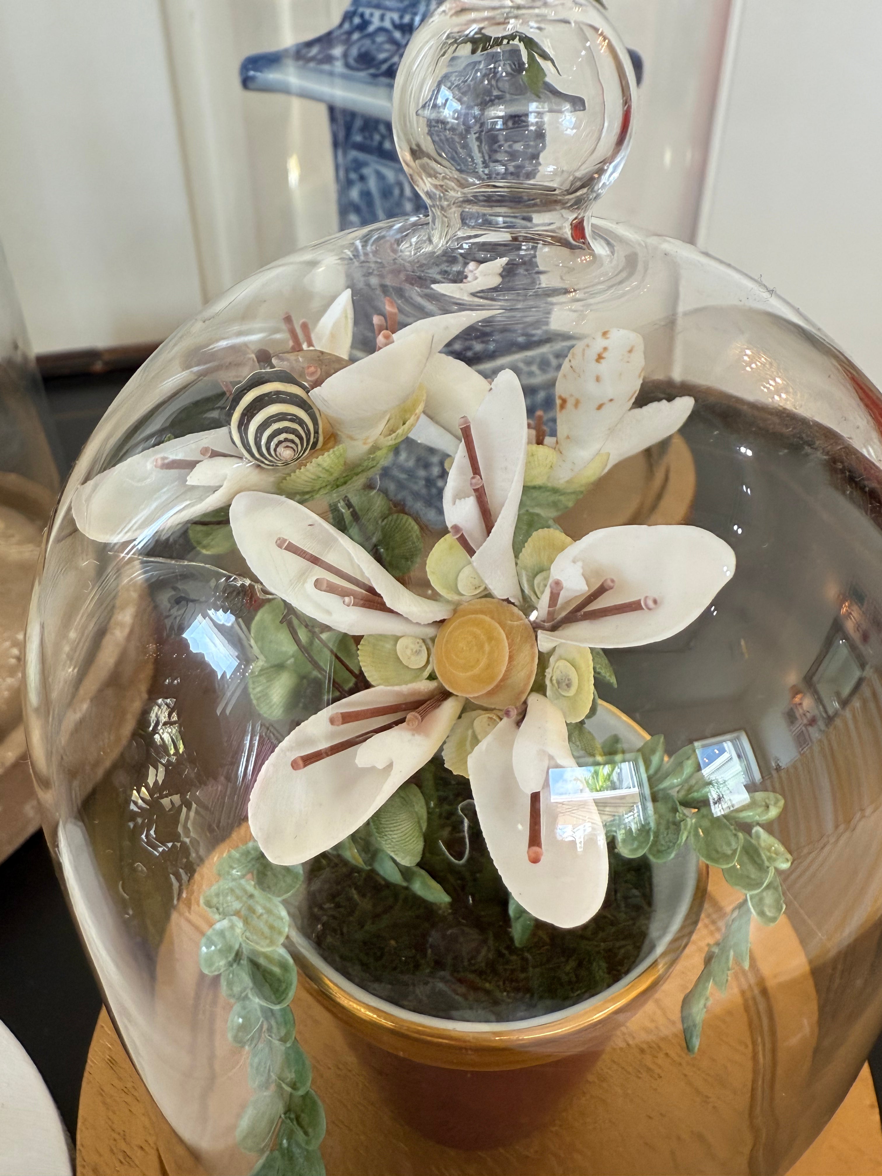Glass cloche floral arrangement with white blossoms, maroon pot insert, on wooden base